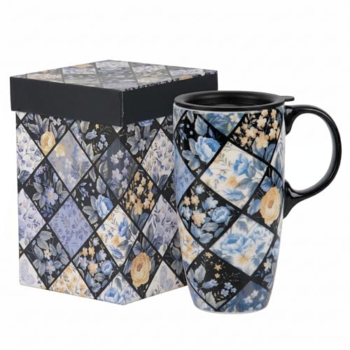Travel Mug 17oz Diamond Floral Ceramic Coffee Cup with Blue Rose Design - Geometric Floral Variation