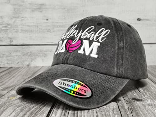 Volleyball Mom Hat Heart Wash Black Adjustable Dad Cap for Sports & Outdoors