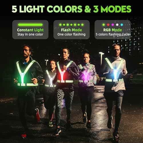 LED Reflective Vest Running Gear, High Visibility Reflective Running vest, 5 Lights Colors Rechargeable Safety Running Vests for Walking Running Cycling Jogging, Adjustable for Men Women Kids