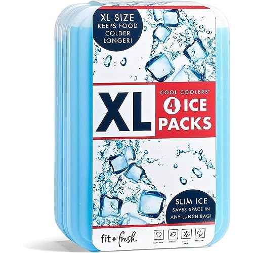 Cool Coolers by Fit & Fresh 4 Pack XL Slim Ice Packs, Quick Freeze Space Saving Reusable Ice Packs for Lunch Boxes or Coolers, Blue, 239ICE, 4 count (Pack of 1)