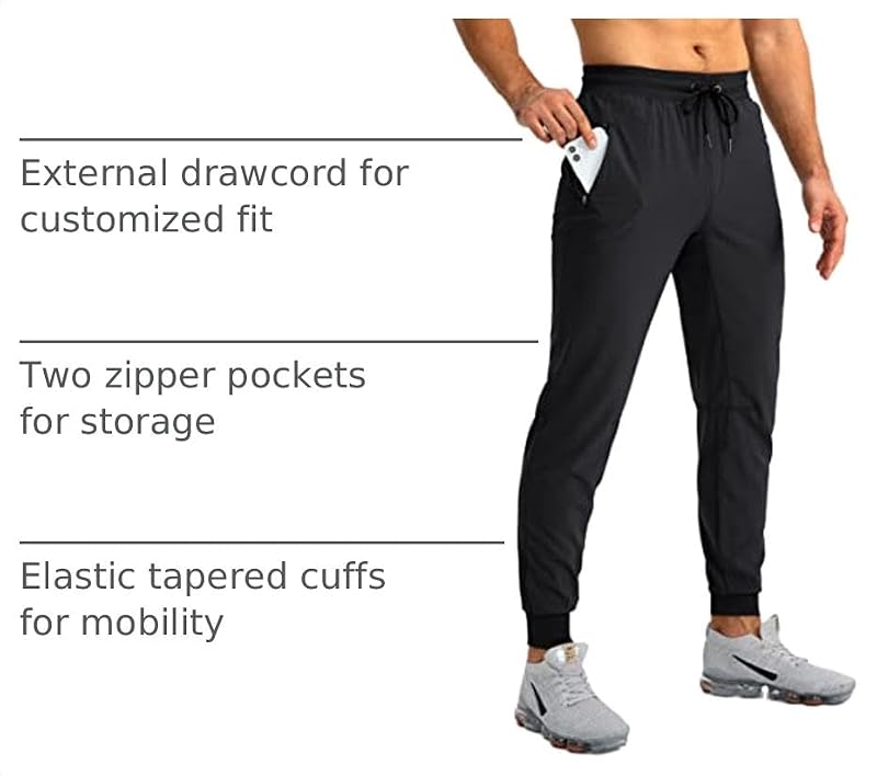 Pudolla Men’s Lightweight Jogger Pants - Black, Medium, Zipper Pockets