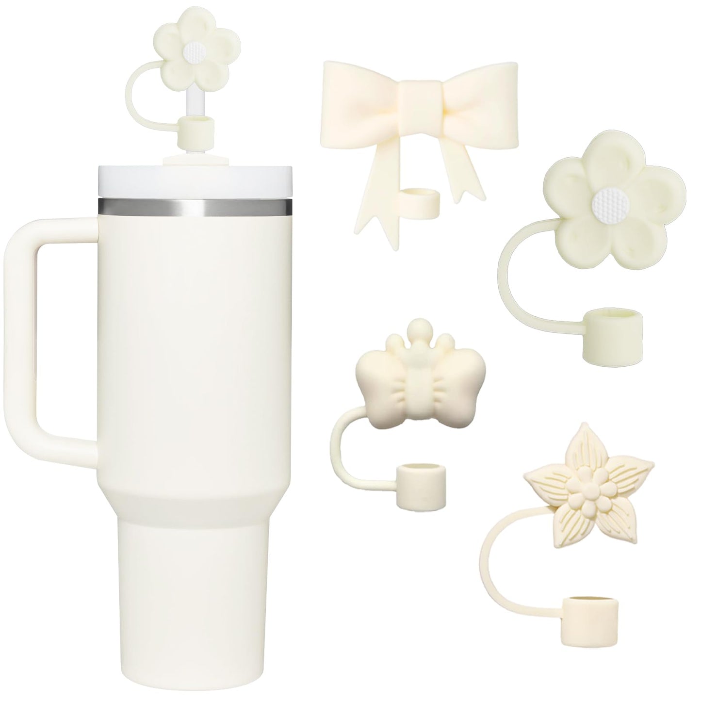 4 Pcs 0.4in Straw Cover for Stanley Cup, Silicone Straw Topper Set for 30&40oz Stanley Tumbler, Fit for 10mm/0.4in Straws (Cream)