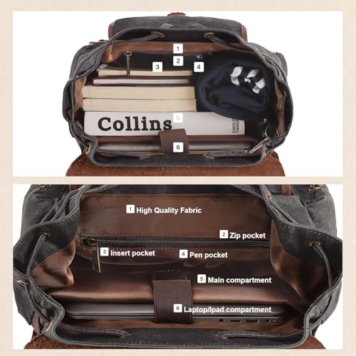 Dark Grey Vintage Waxed Canvas Backpack with Leather Accents