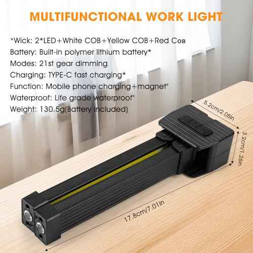 Magnetic Gym Lamp for Posing, Portable Magnet LED Flashlight with Hanging Hook, 7th Gear Dimming & 180 Degree Folding, Handheld USB Rechargeable Power Bank Camping Light