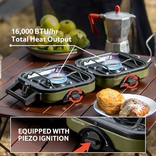 Naturehike 2 Burner Folding Camping Stove, Portable Propane Gas Stove with Carry Bag, 16000 BTU High-Performance Camp Stove with ETL Certification, Adjustable Burners & Piezo Ignition