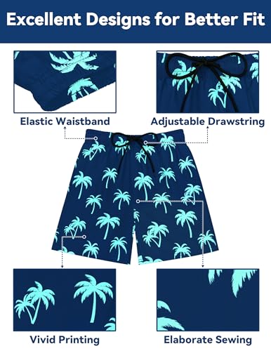 Kids Boys Swim Trunks with Compression Liner - Navy Green Coconut Palms, 14-16 Years