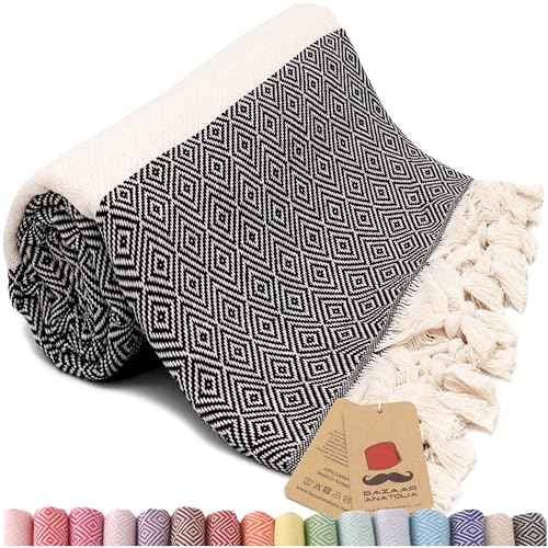 Bazaar Anatolia Turkish Beach Towel ? 100% Cotton, Quick Dry, Lightweight and Sand Free ? Perfect for Bathroom, Travel, Yoga, Camping, Oversized 71x39 inches - Diamond Black