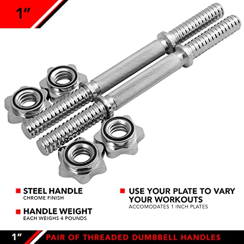 1 Inch Threaded Dumbbell Handles Set of 2 with Star Collars - Fits Standard Plates