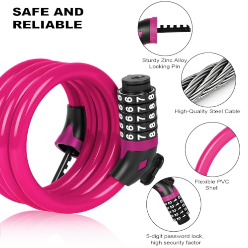 Ainiv Bike Lock Cable 4ft/120cm with Mounting Bracket - Rose Red