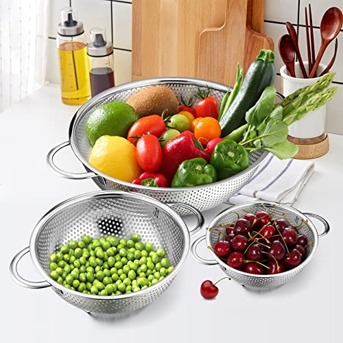 E-far Stainless Steel Colander Set of 3 (1, 3, 5 Quart) Kitchen Strainers with Handles