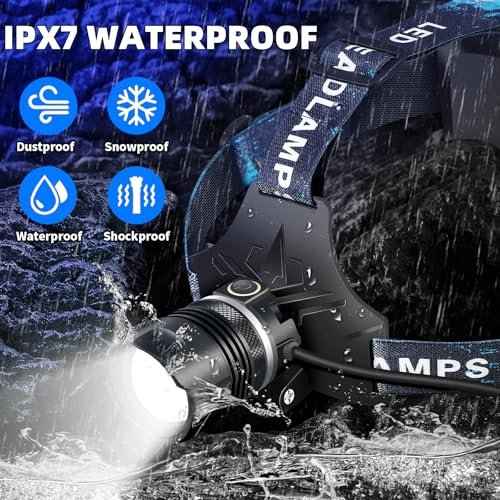 3000 Lumens Super Bright Headlamp, Rechargeable LED Head Lamp, 90 Hour Standby Head Light with 9 Modes, IPX7 Waterproof Zoom Headlamps, 125¡Æ Adjustable Headlight for Camping, Adults