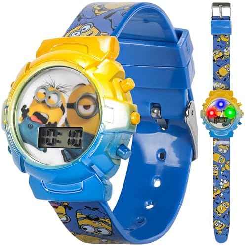 Accutime Minions Kids Watch ? Flashing Dial Lights, LCD Display, Adjustable Comfortable Strap, Collectible Tin ? Perfect for Boys and Girls