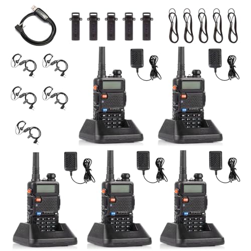 [5 Packs] Baofeng UV-5R Two Way Radio Dual Band 144-148/420-450Mhz Walkie Talkie with 1800mAh Li-ion Battery, Programming Cable, Headset, Belt Clip, Hand Strap, Desktop Charger (Black)