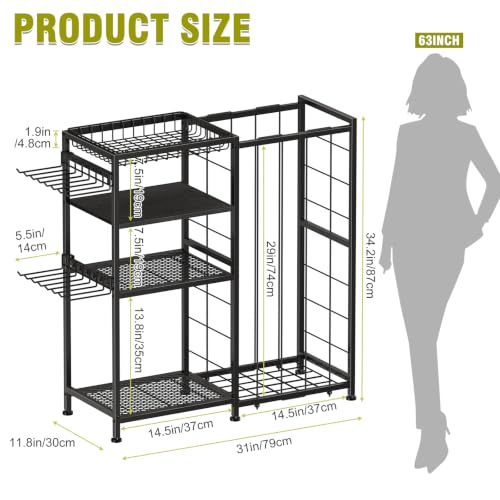 Garage Ball Storage Rack with Hooks & Bungee Organizer for Sports & Toys