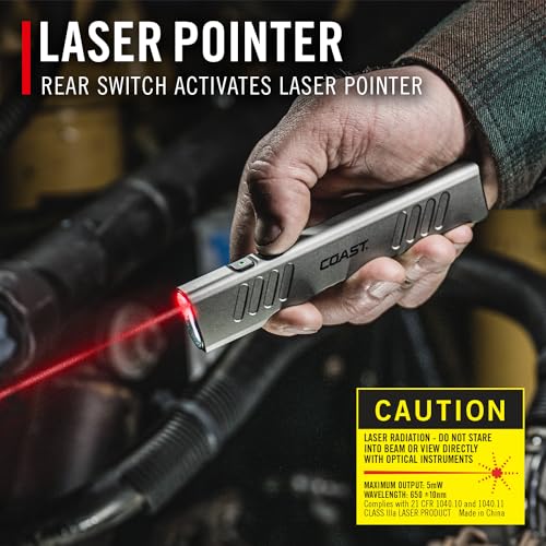 Coast Slayer Laser 1000 Lumen USB-C Rechargeable LED Flashlight with Pocket Clip - 5 mW Laser, 650 nm Wavelength