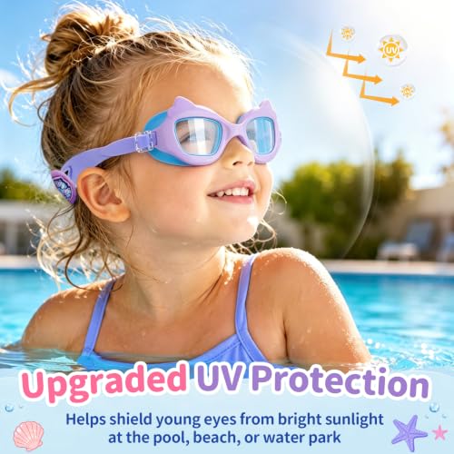 Toddler Swim Goggles with Cat Ears & Strawberry Scale - Anti-Fog, Fabric Strap, Age 2-8