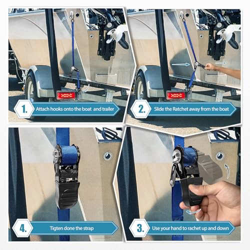 Manual Boat Trailer Tie-Down Straps 1in x 4ft, 2400 lbs Adjustable Marine Ratchet with Quick Release & Anti-Scratch Hooks - Pair