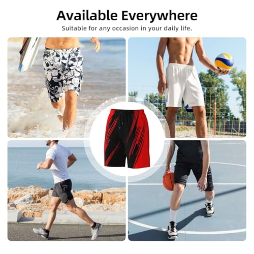 Men's Red Black Medium Swim Trunks with Mesh Lining, Quick-Dry Beach Shorts