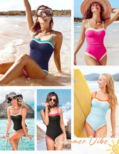 Women's One Piece Swimsuit Color Block Ruched Tummy Control Large Pink-Orange-Black
