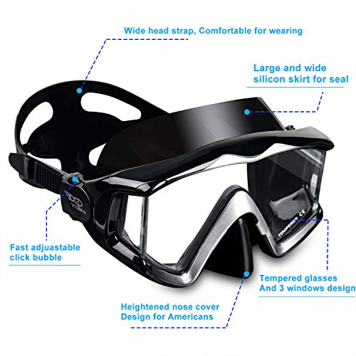Adult Pano 3 Dive Mask Set - Black 2pcs, 180° Wide View Snorkel Mask