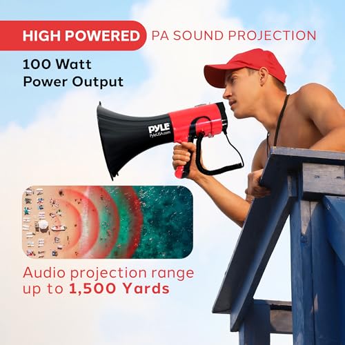Pyle Portable Megaphone Bullhorn - Bluetooth Compatible PA Speaker with Built-in Voice Changer, 1500 Yard Range, Siren, 100W Adjustable Vol Control, Loudspeaker for Outdoor Sports & Safety Drills