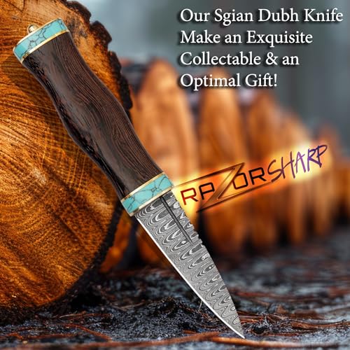 Scottish Dirk Knife Handmade Damascus Steel Wenge Wood & Turquoise Handle with Leather Sheath - Custom Craft