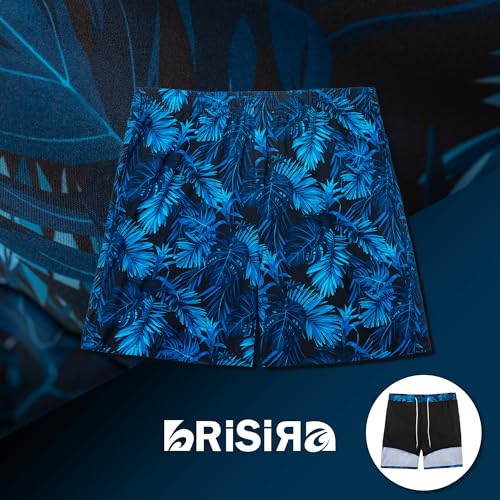 Big and Tall Men's Swim Trunks with Compression Liner - Black Blue Tropical, 42