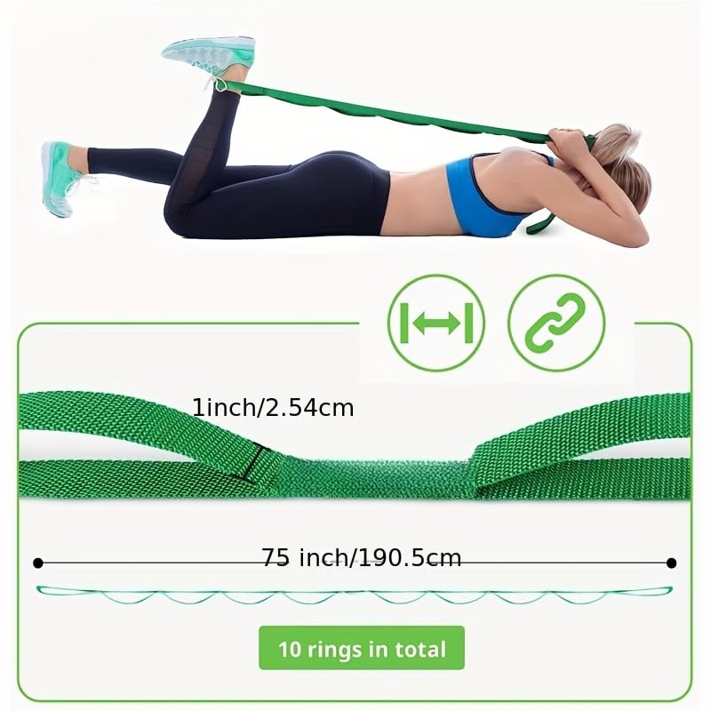 10 - Loop Non - Elastic Stretching Strap - Ideal for Yoga & Workouts Green