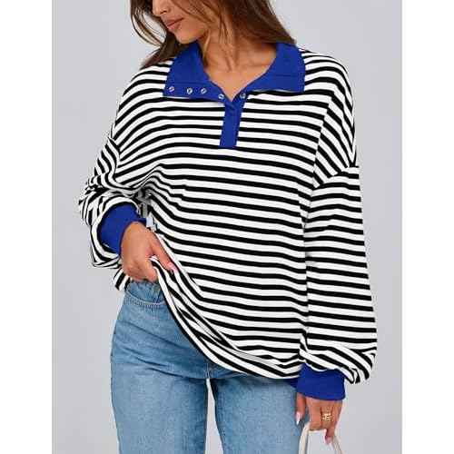 PRETTYGARDEN Women's Oversized Striped Sweatshirts Spring Fall Trendy Casual Long Sleeve Button Up Tops Shirt Preppy Clothes