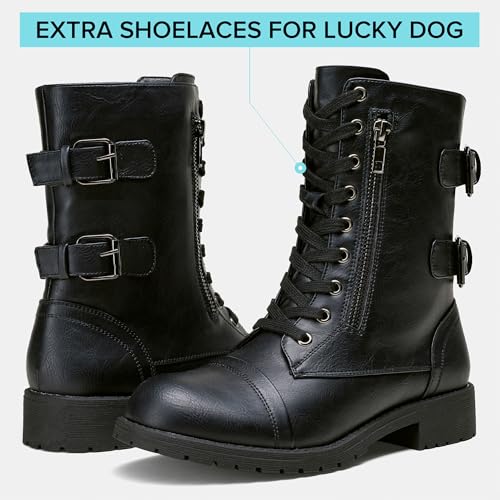 Women's Lace Up Mid Calf Combat Boots with Pocket - 8.5 / A-High Combat-Black