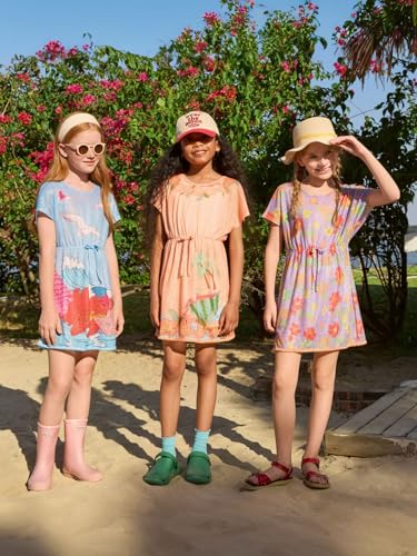 Kids Girls Short Sleeve Beach Cover Up Dress - Coral Pink 7-8 Years