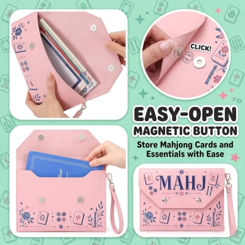 Pink Mahjong Card Holder with Magnetic Closure - Faux Leather Travel Storage