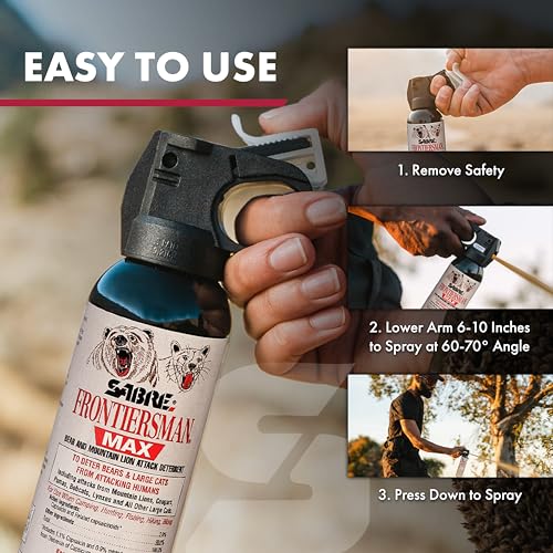 SABRE Frontiersman MAX Bear Spray ? 40 ft Range, Maximum Strength, The Only EPA-Registered Spray for Bears & Mountain Lions, 7.9 oz, Glow Safety Clip, Outdoor Hiking & Camping Protection
