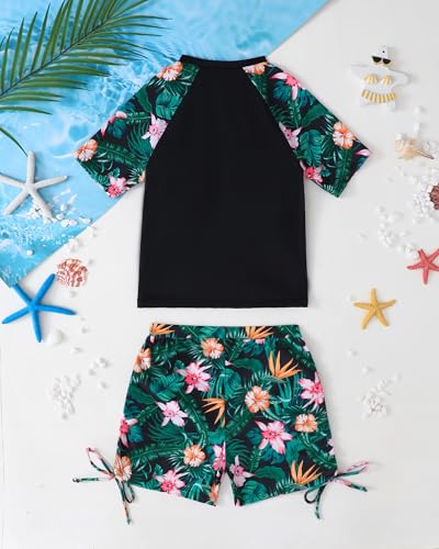 Girls Rash Guard Swimsuit 2-Piece Short Sleeve Bathing Suit UPF 50+ Summer Swimwear Size 9-14T