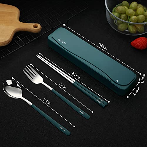 Dark Green Travel Utensils Set with Case - 4Pcs Stainless Steel Cutlery for Camping, School, Office
