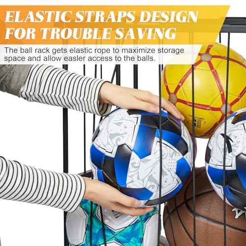 Garage Ball Storage Wall-Mounted & Floor Sports Equipment Organizer: Sports Ball Rack with Elastic Rope, Holder for Basketball, Soccer, Volleyball, Football, Garage, Gym, Black(Patent Pending)