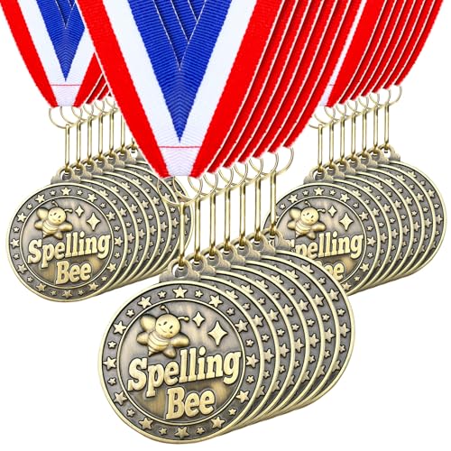 Spelling Bee Gold Award Medals Bulk with Ribbons - 2 Inch, 30 Pcs