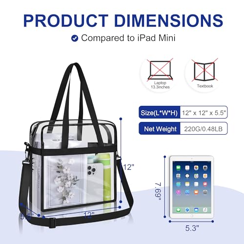 Oraben Clear Tote Bag Stadium Approved 12x6x12 with Black Main Pocket - Perfect for Sports Events and Work