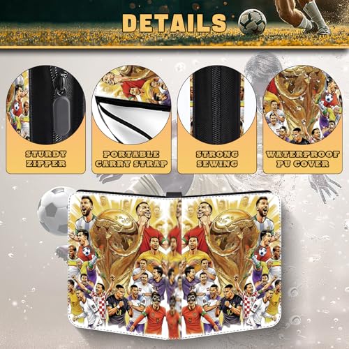 Soccer Card Binder 900 Capacity with Gold Cover - 50 Removable Sleeves, Waterproof PU Leather, 3-Ring Zipper Organizer for Collectors