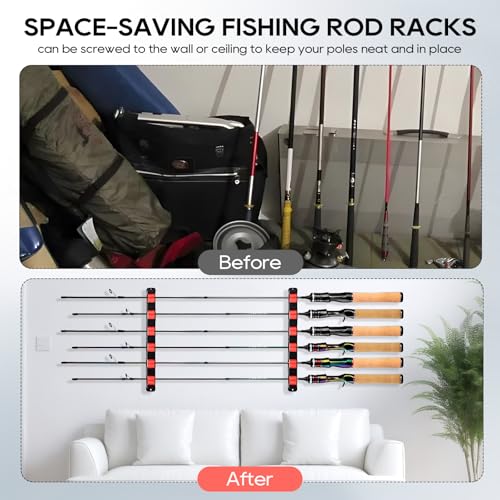 Horizontal Red Fishing Rod Holder Wall Mount for 6 Rods - Axlksia