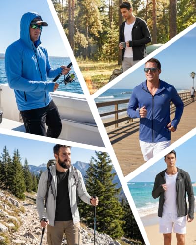 Roadbox Men's UPF 50+ Sun Hoodie - Lightweight Zip Up UV Protection Gray Large