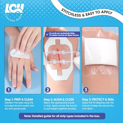 43 Pack Wound Closure Strips Kit with Butterfly Bandages Gauze Dressings and Swabs - Emergency First Aid Supplies