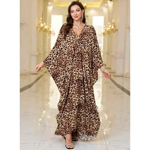 Women Kaftan Dresses Plus Size V-Neck Batwing Sleeves Beach Cover Up 2025 Summer Floral Print Caftan Dress