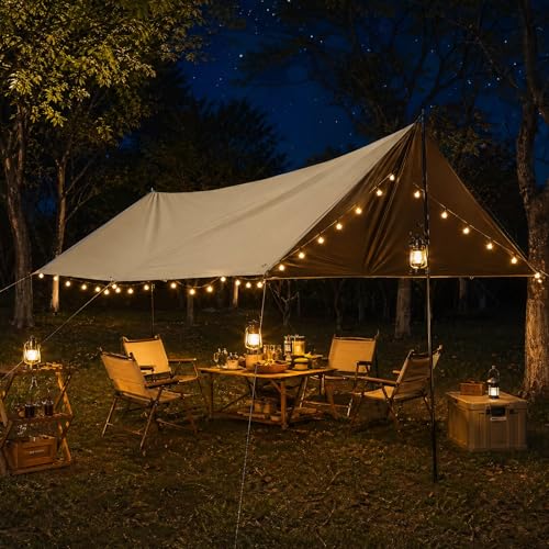 Gold Waterproof Camping Tarp Hammock Rain Fly 14.7x14.7ft with Poles - Multifunctional Tent Shelter