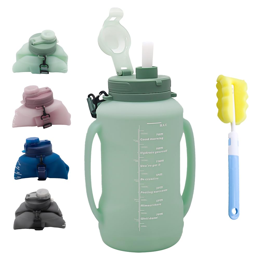 LELExilan 64oz Foldable Silicone Water Bottle with Straw, BPA-Free Motivational Time Marker, Leakproof Collapsible Water Jug with Handle for Gym, Sports, Camping & Outdoor Activities (Green)