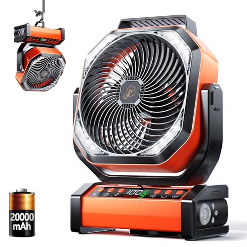 Camping LED Fan with Light 20000mAh Rechargeable Battery Orange - 8 Speed Portable Tent Fan & Light