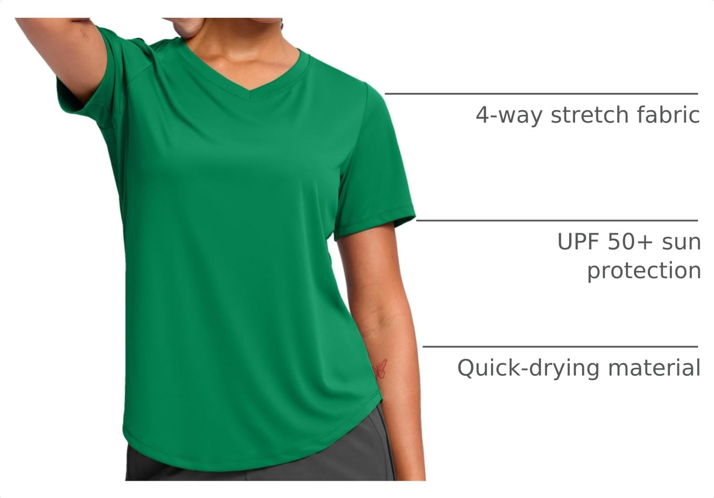 Womens Workout Shirts V-Neck Short Sleeve UPF 50+ Sun Shirt Moisture Wicking Dry Fit Top for Gym, Running, Athletic (Green, L)
