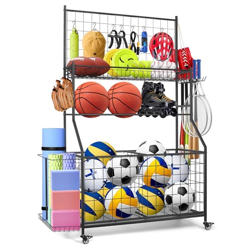 Black Sports Equipment Organizer with Ball Rack & Hooks - Garage Storage Cart