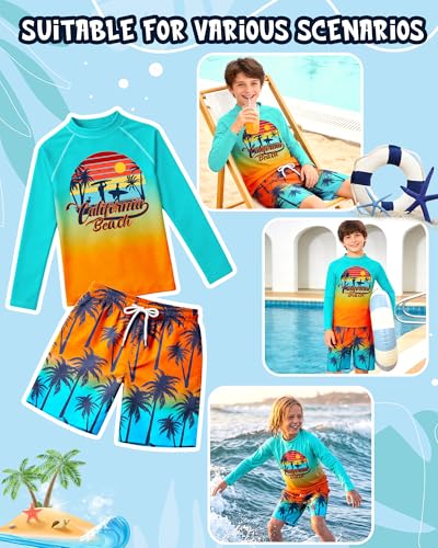 Kids Boys Swim Set with Rash Guard & Trunks - Orange Green Beach and Coconut Tree, Size 5-6 Years