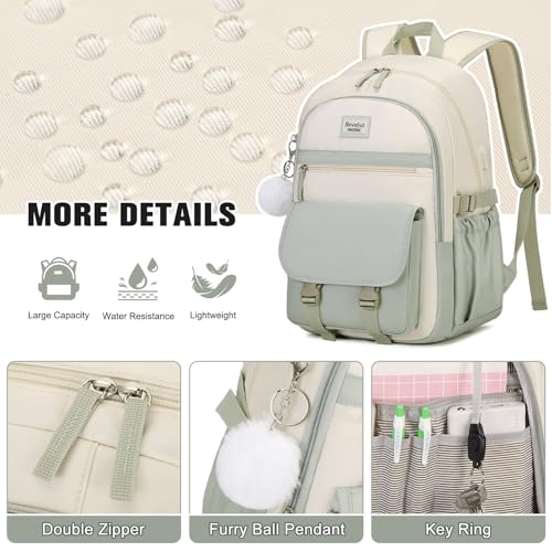 Girls Backpack Set with Lunch Box and USB Port - Green Beige, 17.3 Inch